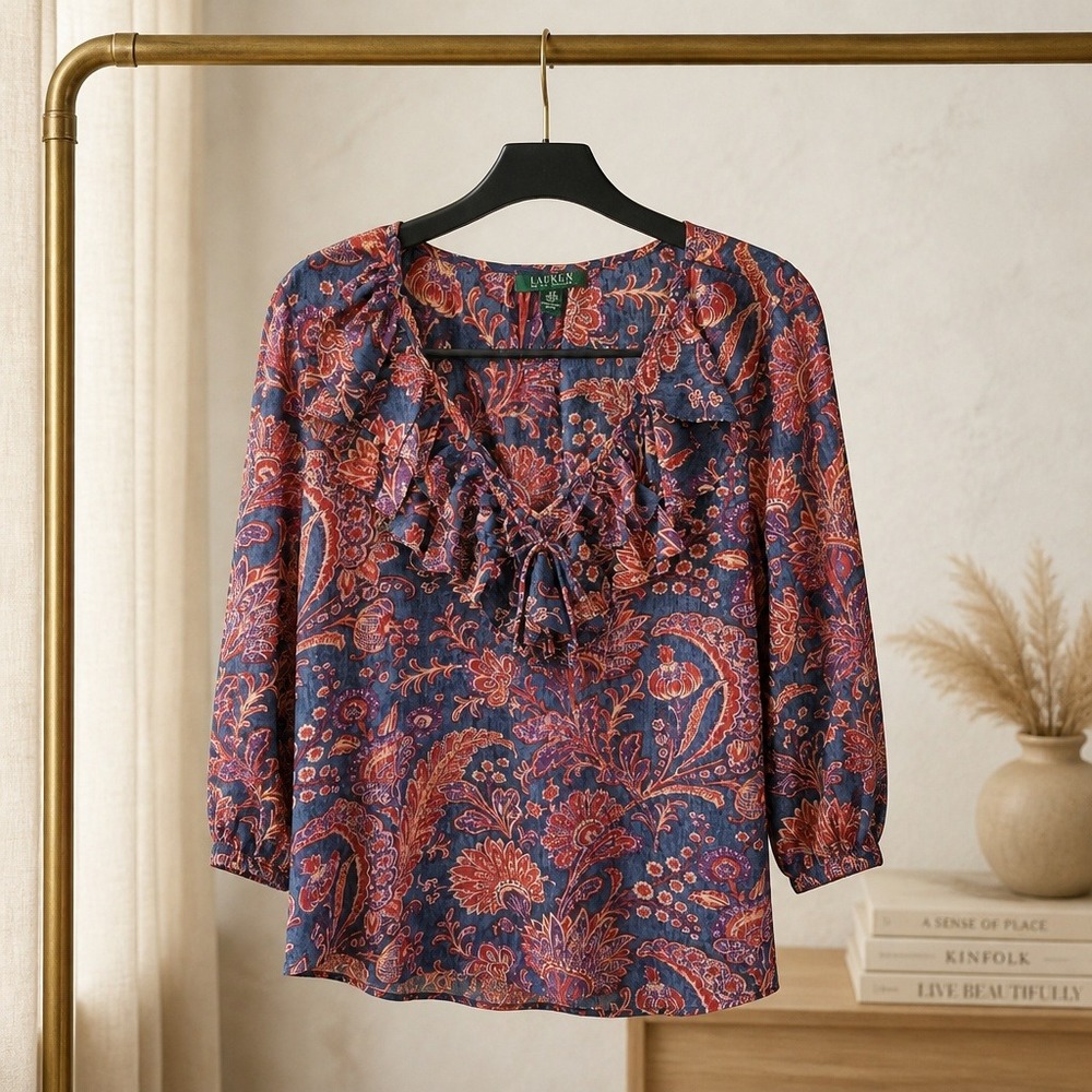 Lauren Ralph Lauren L Paisley Ruffle V-Neck Blouse Blue Red Cotton Top Romantic
